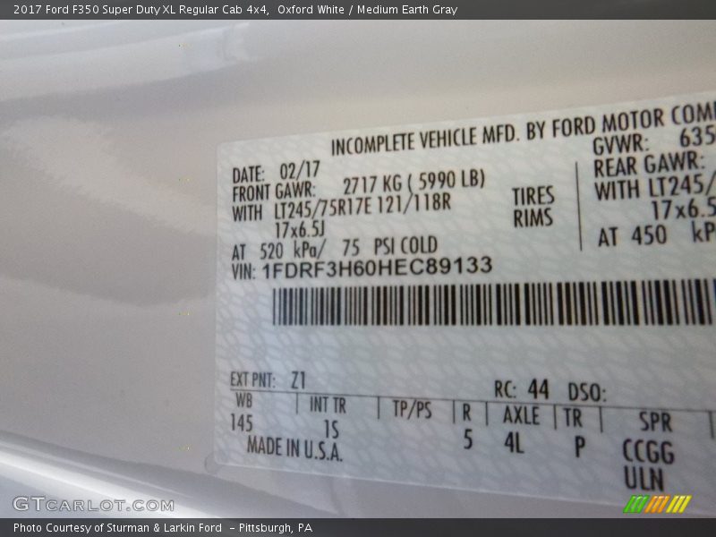 2017 F350 Super Duty XL Regular Cab 4x4 Oxford White Color Code Z1