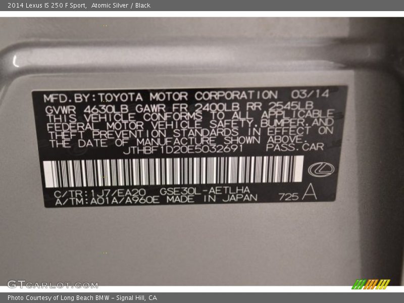 Atomic Silver / Black 2014 Lexus IS 250 F Sport