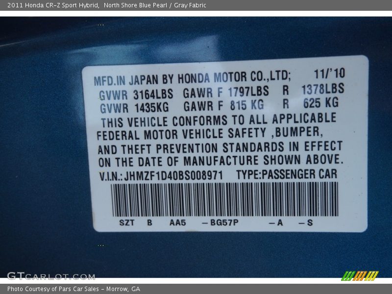 North Shore Blue Pearl / Gray Fabric 2011 Honda CR-Z Sport Hybrid