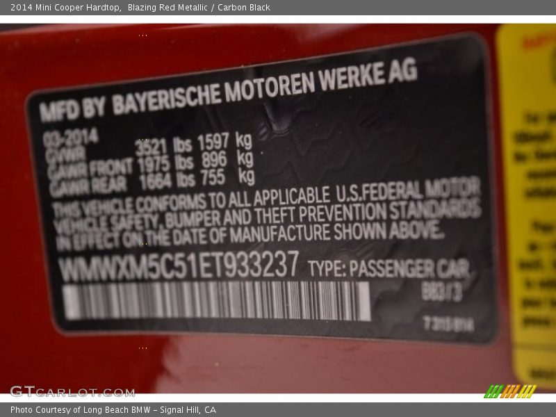 Blazing Red Metallic / Carbon Black 2014 Mini Cooper Hardtop