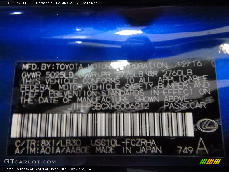 2017 RC F Ultrasonic Blue Mica 2.0 Color Code 8X1