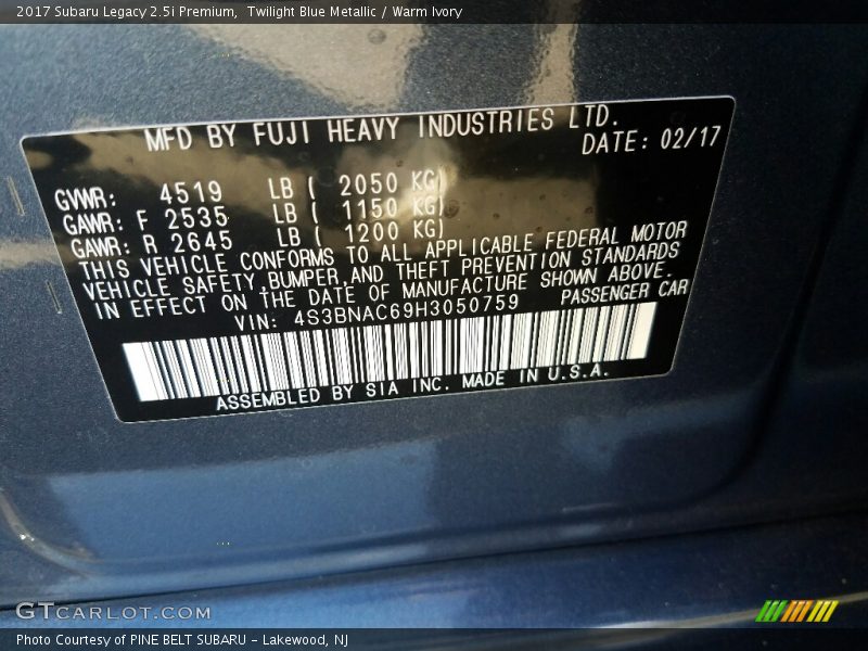 Twilight Blue Metallic / Warm Ivory 2017 Subaru Legacy 2.5i Premium