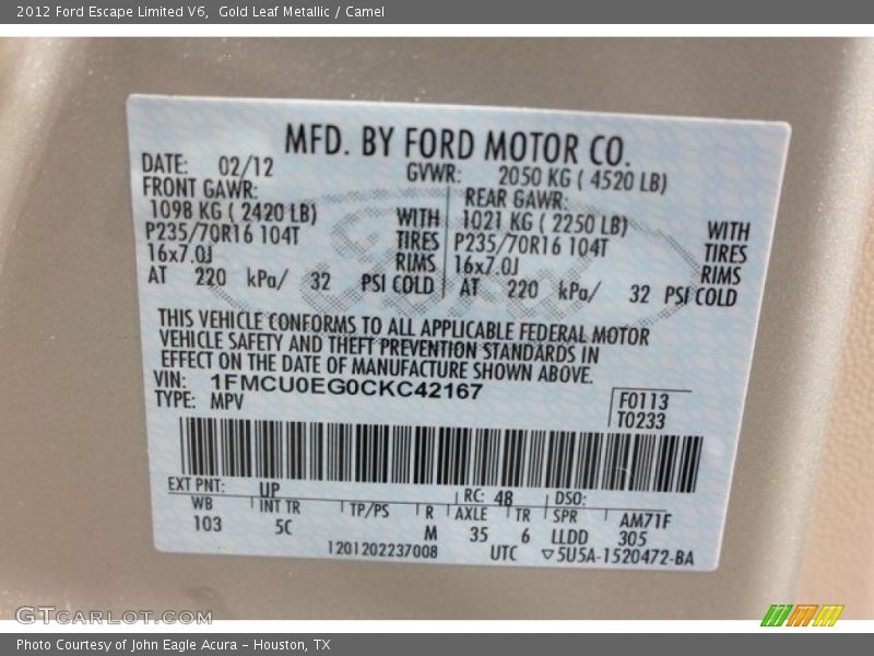 Gold Leaf Metallic / Camel 2012 Ford Escape Limited V6