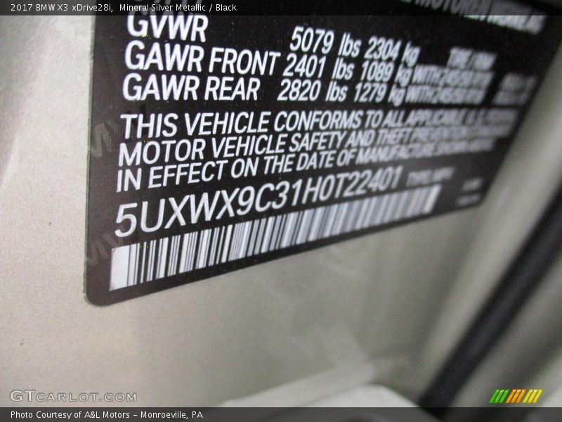 Mineral Silver Metallic / Black 2017 BMW X3 xDrive28i