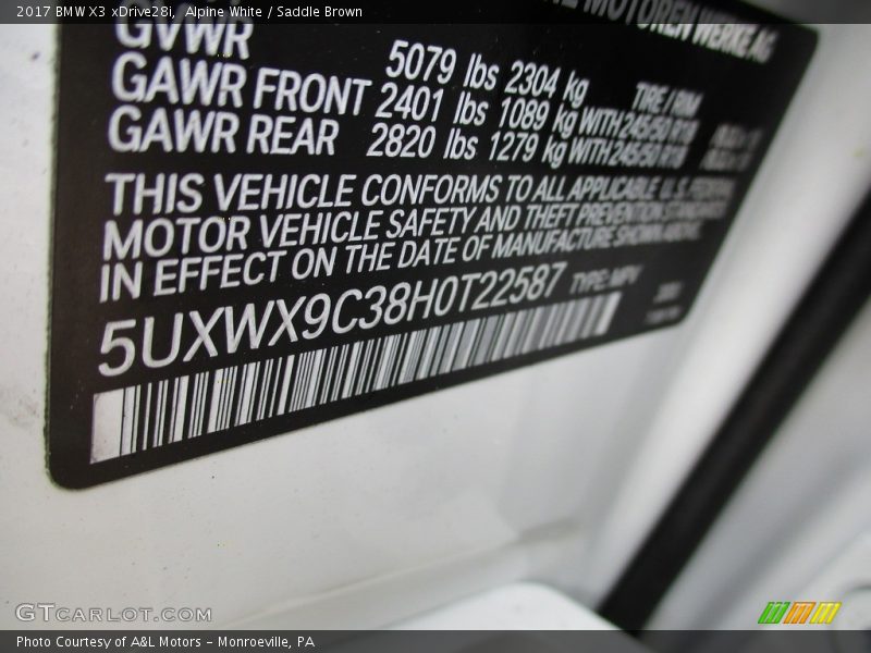 Alpine White / Saddle Brown 2017 BMW X3 xDrive28i