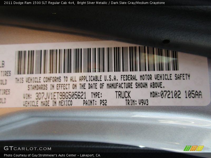 Bright Silver Metallic / Dark Slate Gray/Medium Graystone 2011 Dodge Ram 1500 SLT Regular Cab 4x4