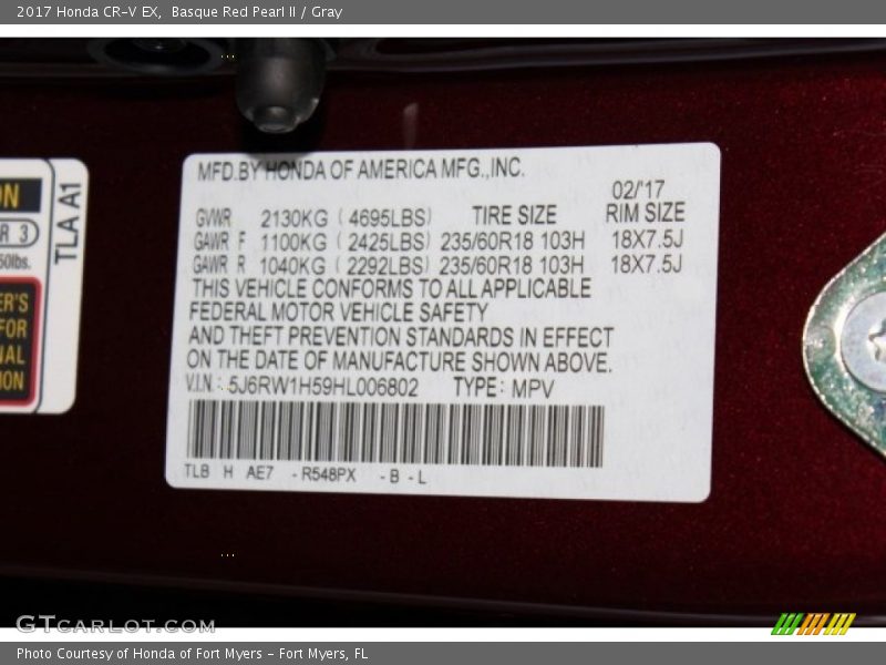 Basque Red Pearl II / Gray 2017 Honda CR-V EX