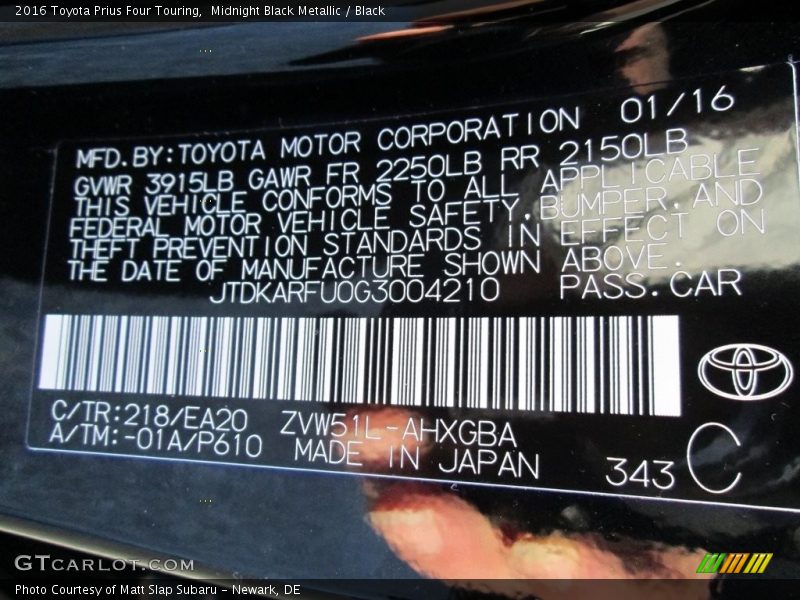 Midnight Black Metallic / Black 2016 Toyota Prius Four Touring