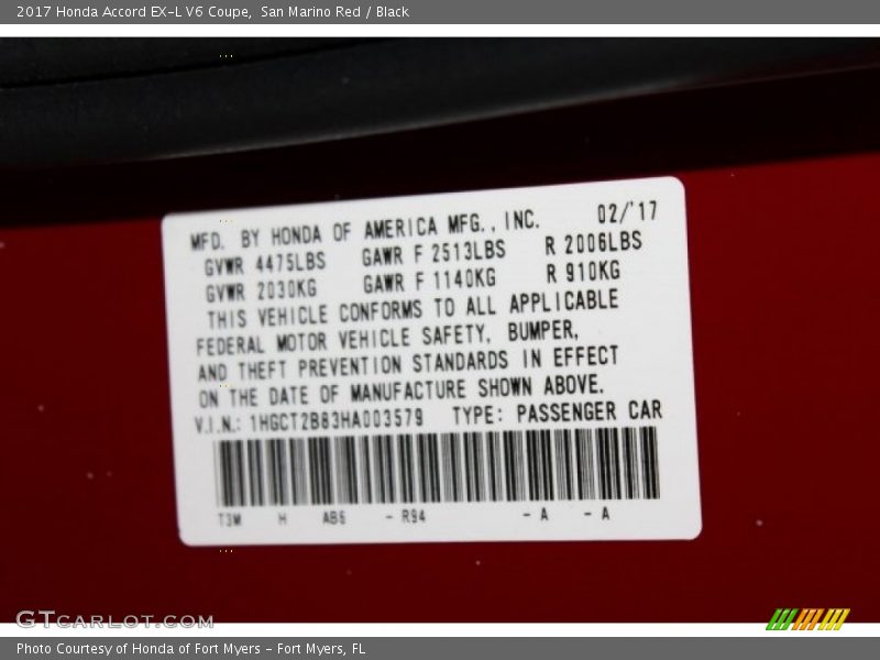 2017 Accord EX-L V6 Coupe San Marino Red Color Code R94