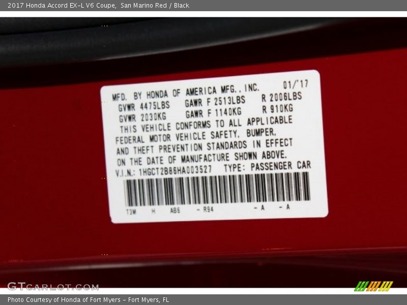 San Marino Red / Black 2017 Honda Accord EX-L V6 Coupe