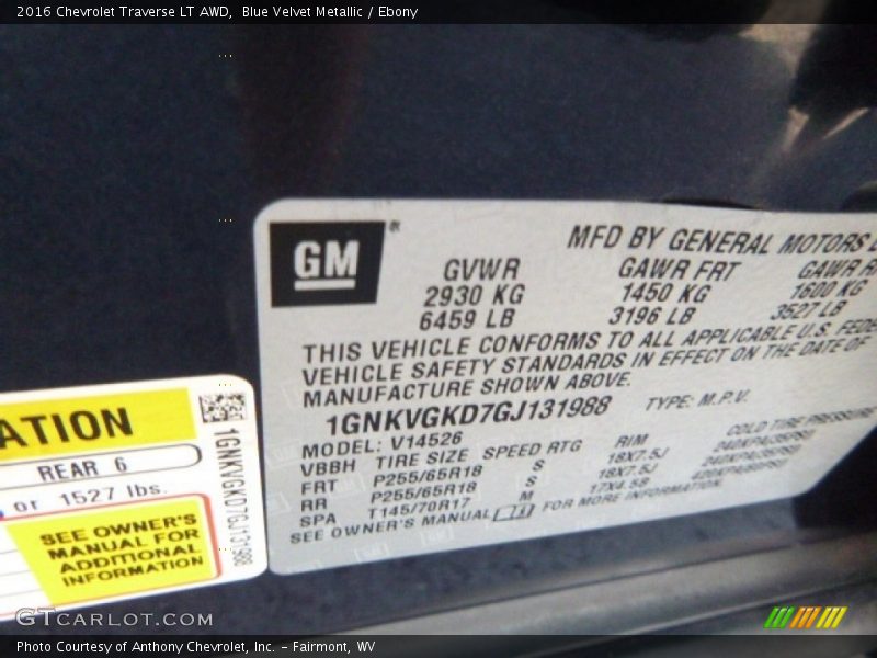 Blue Velvet Metallic / Ebony 2016 Chevrolet Traverse LT AWD