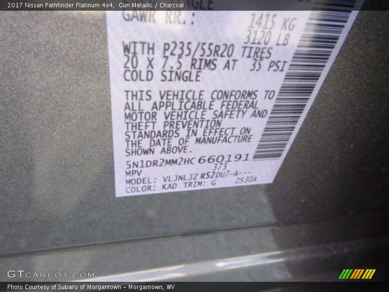 2017 Pathfinder Platinum 4x4 Gun Metallic Color Code KAD