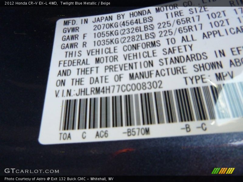 Twilight Blue Metallic / Beige 2012 Honda CR-V EX-L 4WD