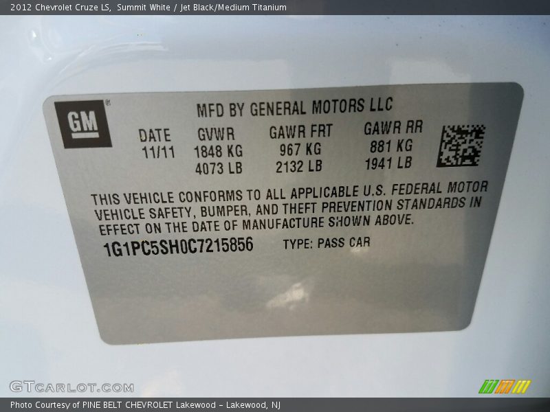 Summit White / Jet Black/Medium Titanium 2012 Chevrolet Cruze LS