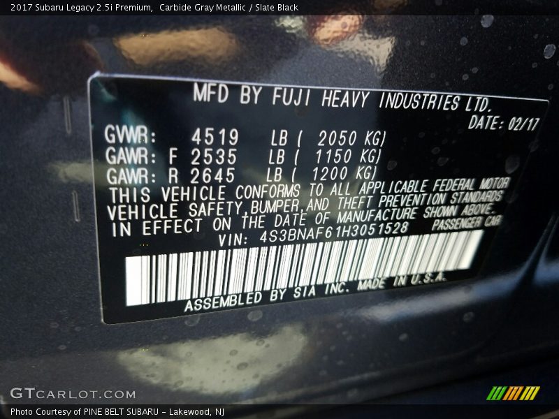 Carbide Gray Metallic / Slate Black 2017 Subaru Legacy 2.5i Premium