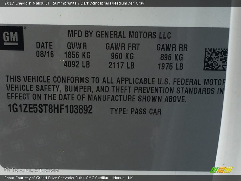 Summit White / Dark Atmosphere/Medium Ash Gray 2017 Chevrolet Malibu LT