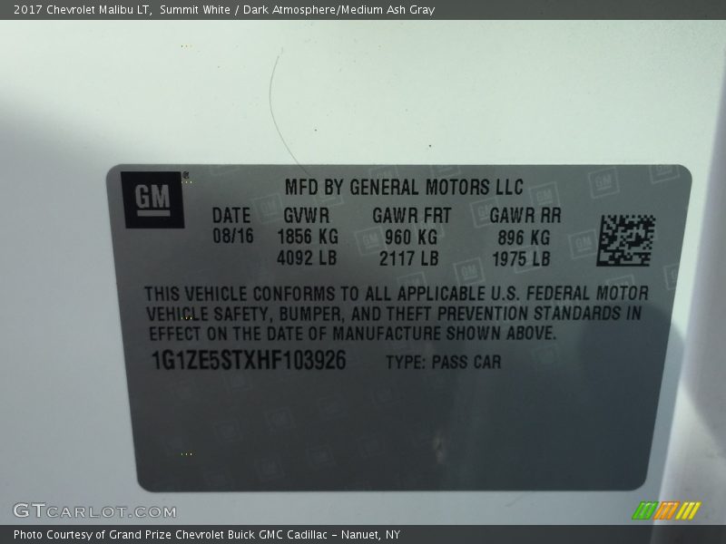 Summit White / Dark Atmosphere/Medium Ash Gray 2017 Chevrolet Malibu LT