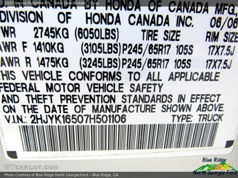 Billet Silver Metallic / Gray 2007 Honda Ridgeline RTL