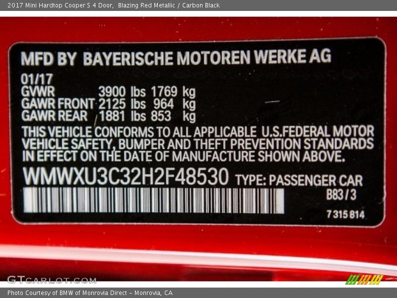 2017 Hardtop Cooper S 4 Door Blazing Red Metallic Color Code B83