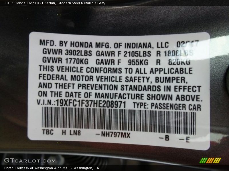 Modern Steel Metallic / Gray 2017 Honda Civic EX-T Sedan