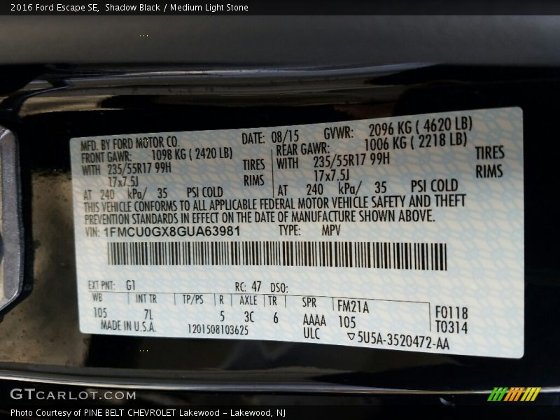 Shadow Black / Medium Light Stone 2016 Ford Escape SE