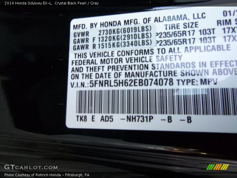 Crystal Black Pearl / Gray 2014 Honda Odyssey EX-L