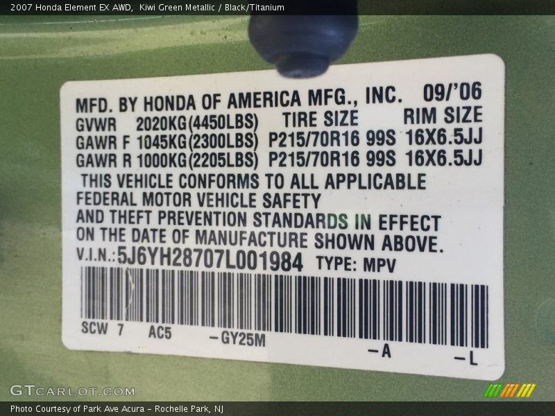 2007 Element EX AWD Kiwi Green Metallic Color Code GY25M