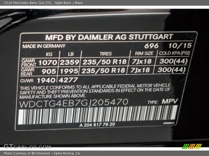 Night Black / Black 2016 Mercedes-Benz GLA 250