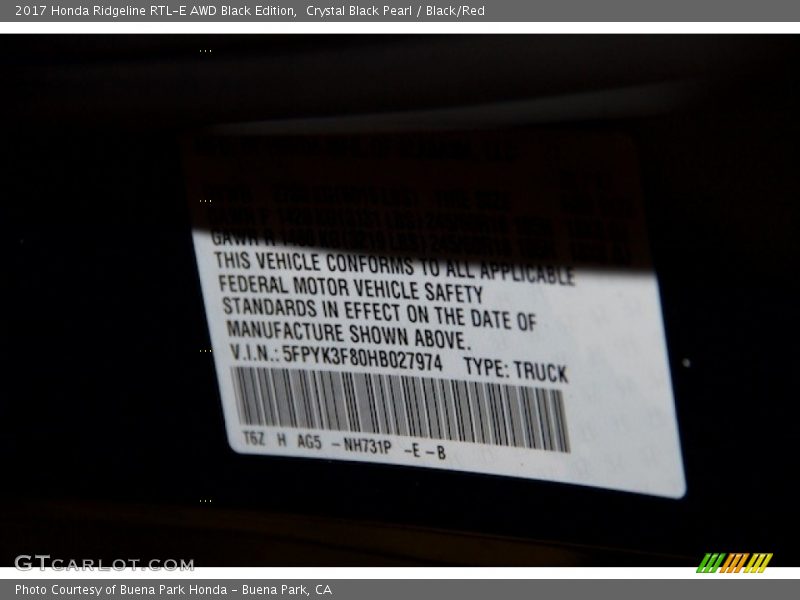 Crystal Black Pearl / Black/Red 2017 Honda Ridgeline RTL-E AWD Black Edition