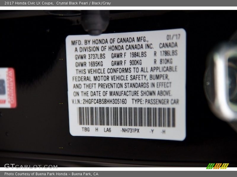 Crystal Black Pearl / Black/Gray 2017 Honda Civic LX Coupe