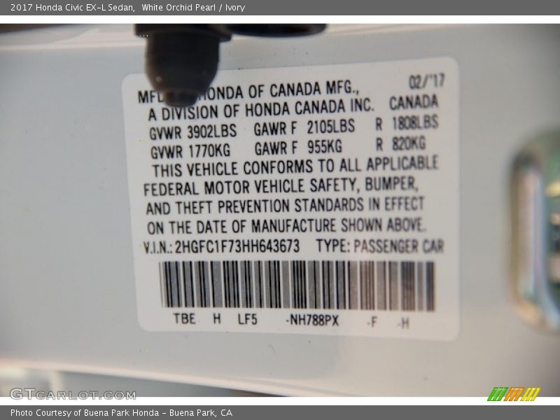 White Orchid Pearl / Ivory 2017 Honda Civic EX-L Sedan