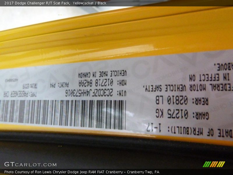2017 Challenger R/T Scat Pack YellowJacket Color Code PY4