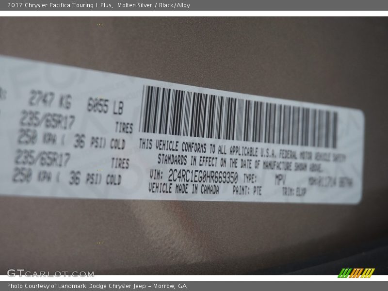 Molten Silver / Black/Alloy 2017 Chrysler Pacifica Touring L Plus