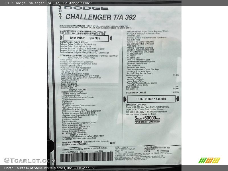  2017 Challenger T/A 392 Window Sticker