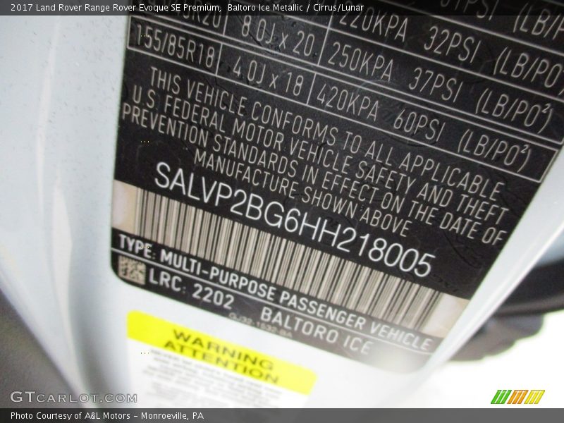 2017 Range Rover Evoque SE Premium Baltoro Ice Metallic Color Code 2202