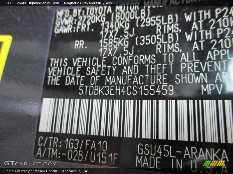 Magnetic Gray Metallic / Ash 2012 Toyota Highlander V6 4WD