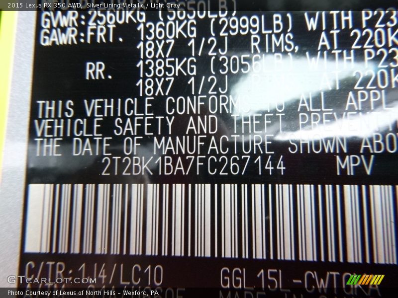Silver Lining Metallic / Light Gray 2015 Lexus RX 350 AWD
