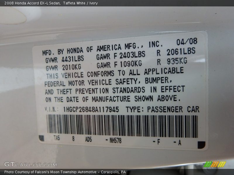 Taffeta White / Ivory 2008 Honda Accord EX-L Sedan