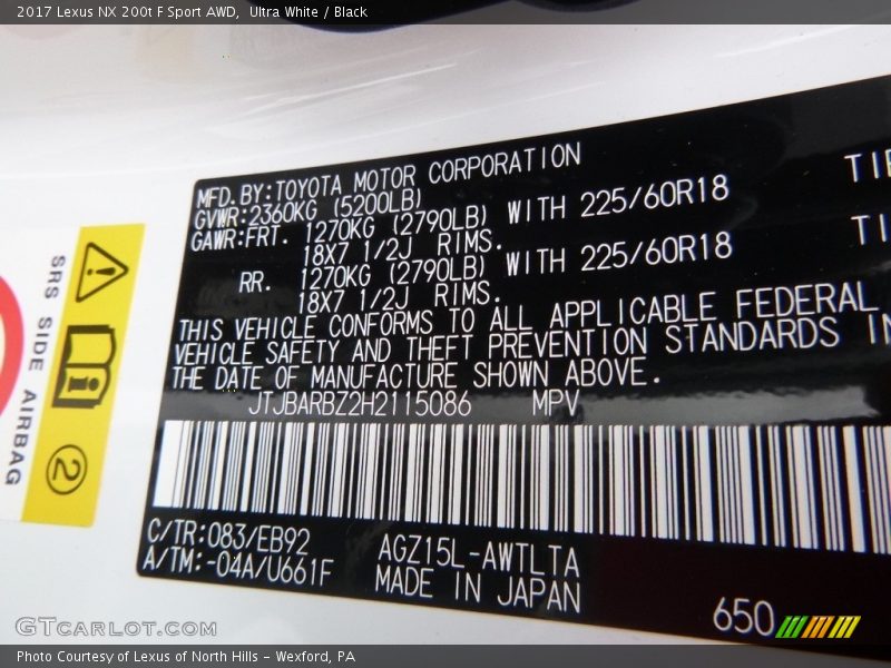 2017 NX 200t F Sport AWD Ultra White Color Code 083