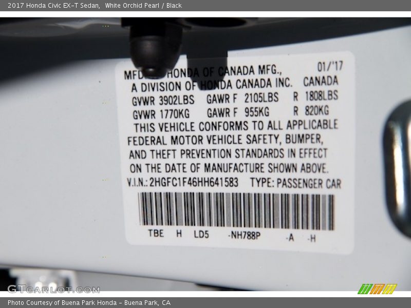 2017 Civic EX-T Sedan White Orchid Pearl Color Code NH788P