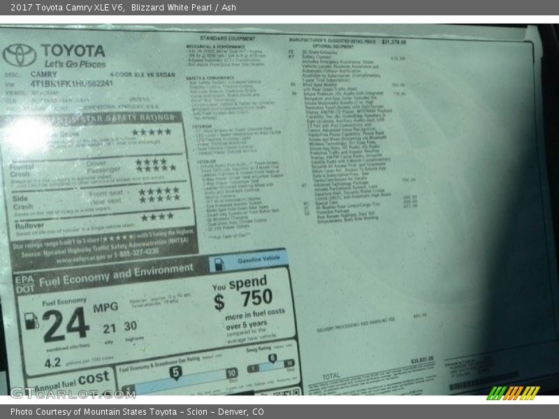 Blizzard White Pearl / Ash 2017 Toyota Camry XLE V6