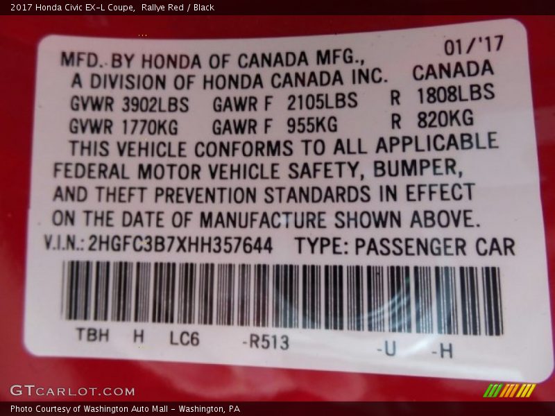 2017 Civic EX-L Coupe Rallye Red Color Code R513