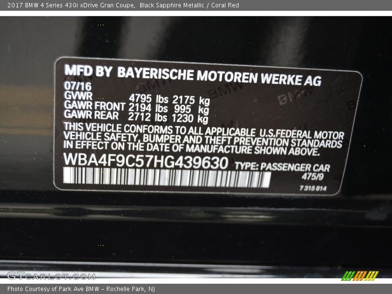 2017 4 Series 430i xDrive Gran Coupe Black Sapphire Metallic Color Code 475