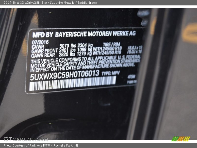 Black Sapphire Metallic / Saddle Brown 2017 BMW X3 xDrive28i