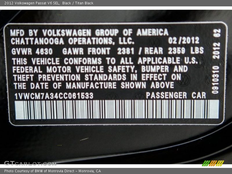 Black / Titan Black 2012 Volkswagen Passat V6 SEL