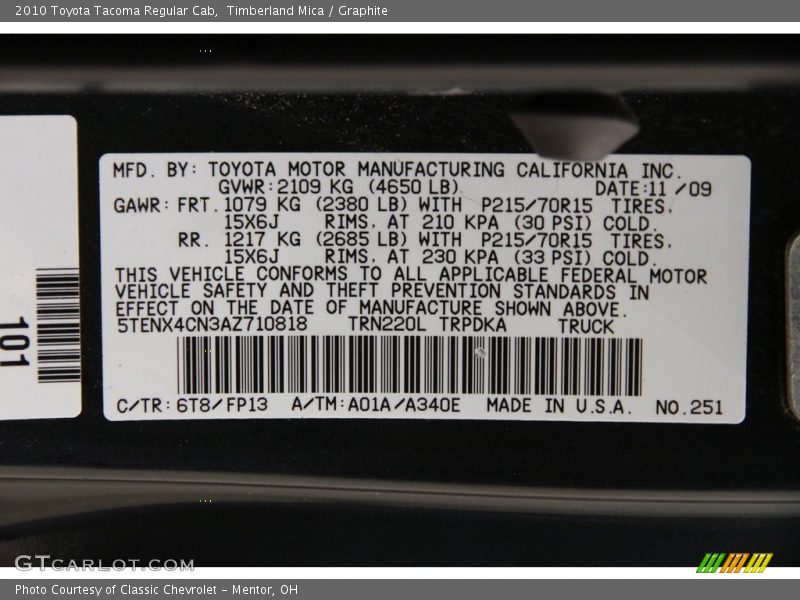 Timberland Mica / Graphite 2010 Toyota Tacoma Regular Cab