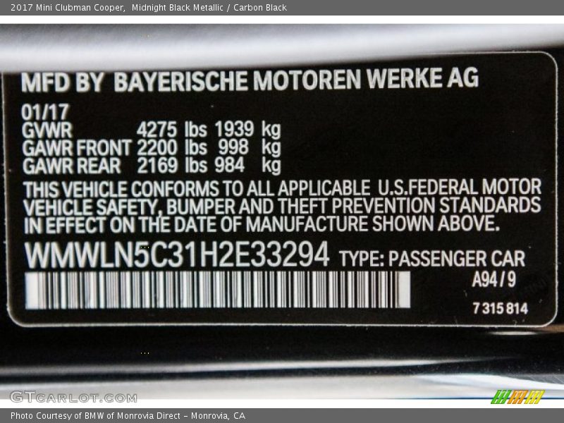 2017 Clubman Cooper Midnight Black Metallic Color Code A94