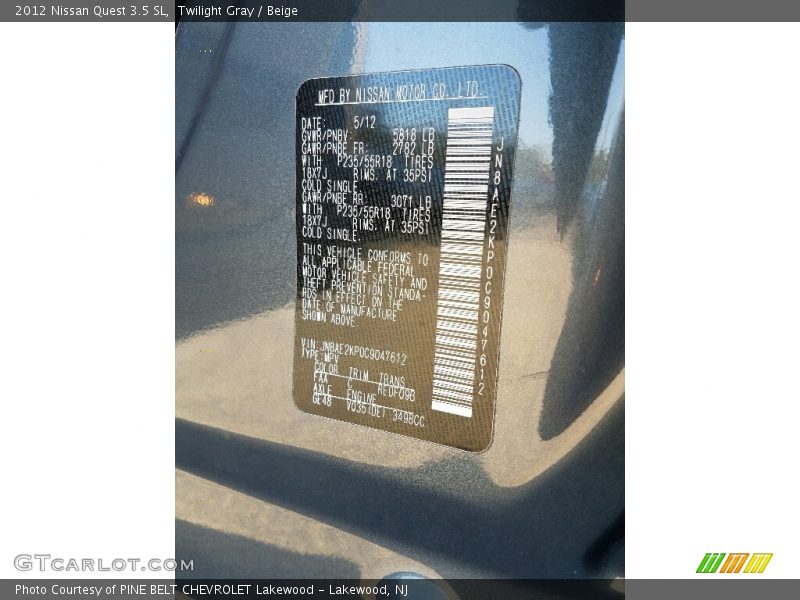 Twilight Gray / Beige 2012 Nissan Quest 3.5 SL