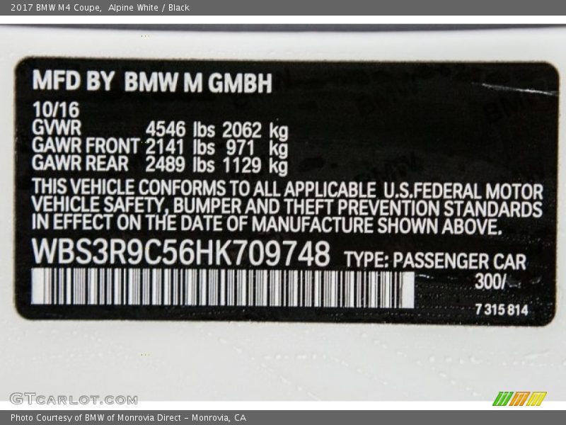 2017 M4 Coupe Alpine White Color Code 300