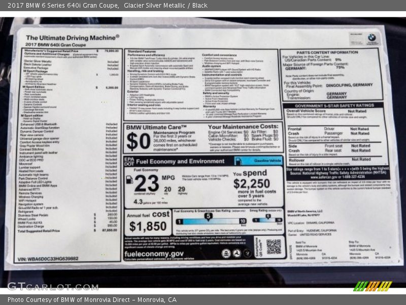  2017 6 Series 640i Gran Coupe Window Sticker